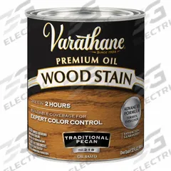 VARATHANE Wood Stain: Wood Stain, Interior, Oil, 1 qt Container Size, Wood, Satin, Traditional Pecan (MPN 211713H). Key specifications — Brand: VARATHANE; Transparency: Semi-Transparent; Use Location: Interior; Sheen: Satin; Sub-Brand: Varathane; Color: Traditional Pecan.