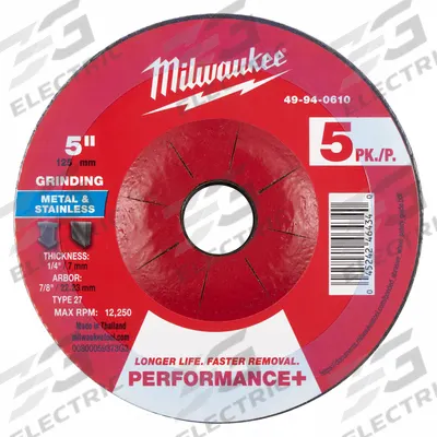 MILWAUKEE Grinding Wheel: Type 27, 5" x 1/4" x 7/8", Zirconia Alumina, 24 Grit - High-Performance Grinding Wheels for Carbon & Stainless Steel