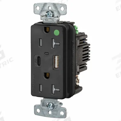 HUBBELL Receptacle: Duplex, 5-20R, 2 USB Ports, USB Type A/C, Black, 125V AC - Hospital-Grade Receptacles with USB Chargers