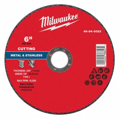 MILWAUKEE Cut-Off Wheel: Type 1, 6" x 0.045" x 7/8", Aluminum Oxide - General Purpose Cut-Off Wheels for Carbon & Stainless Steel