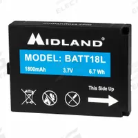 MIDLAND Radio Battery: Fits Midland, For BizTalk BR Series, 1,800 mAh, Lithium Ion, BATT18L. Key specifications — Manufacturer Part Number: BATT18L; Brand: MIDLAND; Compatible Radio Brand: Midland; Battery Type: Lithium Ion; Waterproof: No; Compatible Radio Series: BizTalk BR; Compatible Radio Type: Handheld; Compatible Radio Manufacturer Model Number: BR180.