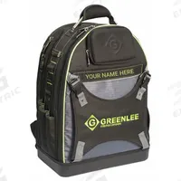 GREENLEE Tool Backpack: 10 in W 10 in D 20 1/2 in H, Polyester, Black, 27 Inside Pockets, Polyester (MPN 0158-26). Key specifications — attr1116417: Padded Lumbar Support; attr1116432: GREENLEE; attr1116408: Black.