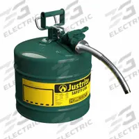 JUSTRITE TYPE II SAFETY CAN: For Use With Oil, 5 gal Capacity, Includes 1 in OD Hose, Green (MPN 7250430). Key specifications — Brand: JUSTRITE.