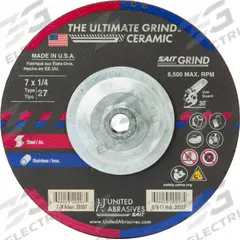 SAIT Abrasive Grinding Wheel: Type 27, 7" x 1/4" x 5/8"-11, Ceramic, 24 Grit, Ultimate Grind Ceramic (MPN 20217). Key specifications — Series: Ultimate Grind Ceramic; Brand: UNITED ABRASIVES-SAIT.