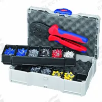 KNIPEX Crimper and Connector Kit: Insulated Single Ferrules, Insulated End Ferrules-Single (MPN 97 90 23). Key specifications — attr513948: Trapezoid Crimp; attr542331: (200) Standard Cable Connector; attr542329: Yes; attr513949: Insulated End Ferrules-Single; attr510596: KNIPEX.