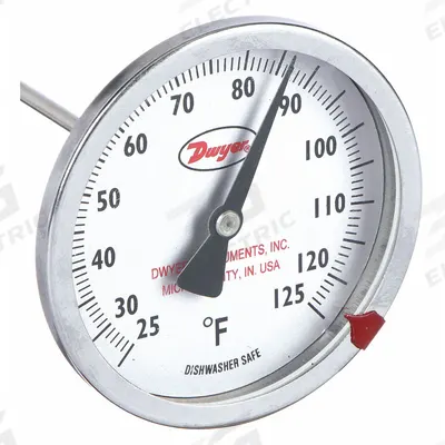 Dwyer Clip On Dial Thermometer: 25°F to 125°F, +/- 2% Accuracy, 5 in Stem Lg - General Purpose Vat & Pan Clip-On Dial Thermometers