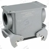 HARTING M32 Rectangular Connector Housing: Size 32 A, Surface Mount, Gray, Aluminum Die-Cast, IP65 (MPN 19200320232). Key specifications — IP Rating: IP65; Size Designation: 32 A; Cable Entry Thread Size: M32; Seal Material: NBR; Locking Type: Dual Lever; Brand: HARTING; Primary Material: Aluminum; Operating Temperature Range: -40 to 125 Degrees C.