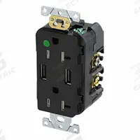 USB Receptacle: Duplex, 5-20R, 2 USB Ports, USB Type A, Black, 125V AC, 20 A (MPN T5832-HGE). Key specifications — Brand: LEVITON.