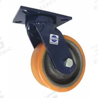 RWM Plate Caster: Swivel, Polyurethane, 8 in Wheel Dia, 3 in Wheel Wd, 10 3/8 in Mounting Ht, Ball (MPN 76-UIB-0830-S-INF-CWB-10-3/8 OH). Key specifications — Wheel/Tread Color: Tan; Brand: RWM; Roll Up: Swivel with Brake.