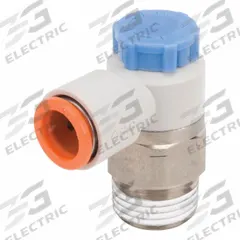 SMC Speed Control Valve: Elbow Fitting, Knob, 3/8 in Valve Body Size, 3/8 in Tube, Meter In (MPN AS3211F-N03-11SA). Key specifications — attr947203: Brass/PBT; attr947205: SMC.