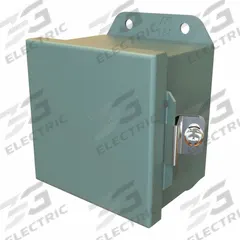 HAMMOND Electrical Enclosure: Steel, 4 in x 4 in x 3 in, NEMA 12/13/3R/4, Solid Cover, Hinged (MPN HJ443HLP). Key specifications — Closure Method: Clamps; Brand: HAMMOND; Knockouts: Not Included.