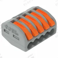 WAGO Lever Wire Connector: 5 Port, 28 AWG – 12 AWG Solid Wire Size Range, 20 A, 600 V, 222 Series (MPN 222-415/K194-4045). Key specifications — attr1307071: WAGO; attr1307104: Lever; attr1351713: 222.