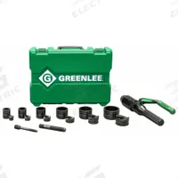 GREENLEE Hydraulic Punch Driver Set (MPN 7806SB). Key specifications — attr74890: Mild Steel; attr74888: Quick Draw Hydraulic Driver, 1/2, 3/4, 1, 1-1/4, 1-1/2, 2 in Slug Buster Punches and Dies, (2) Draw Studs, (1) Adapter, (1) Spacer and Plastic Carrying Case; attr74884: 1/2 in to 2 in.
