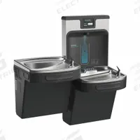 ELKAY Bi-Level Drinking Fountain with Bottle Filler: On-Wall, 8 gph @ 50°F, Stainless Steel, Black (MPN LZSTL8WSMP-PF). Key specifications — Brand: ELKAY; Housing Material: Stainless Steel; Filter Access: Bottom Panel Access; Housing Finish: Midnight Black; Chilling Capacity: 8 gph @ 50°F; Housing Color: Black.