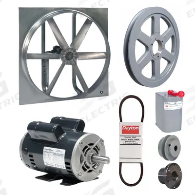 Dayton Exhaust/Supply Fan: Belt Drive, 48 in Blade, 2 hp, Open Dripproof, 115/208-230V AC - Belt-Drive Reversible Panel Fans with Drive Package