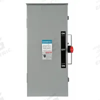SIEMENS Safety Switch: Non-Fusible, 100 A, Single Phase, 240V AC, Galvanized Steel, Indoor/Outdoor (MPN DTGNF223NR). Key specifications — attr867131: SIEMENS.