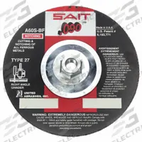 SAIT Depressed Center Cut-Off Wheel: Type 27, 6" x 0.09" x 5/8"-11, Aluminum Oxide, 60 Grit, A60S (MPN 20915). Key specifications — Series: A60S; Brand: UNITED ABRASIVES-SAIT.