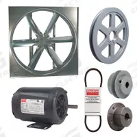 DAYTON Supply Fan w/Drive Package: Belt Drive, 48 in Blade, Open Dripproof, 17,349 cfm, 230/460V AC (MPN 7AD10). Key specifications — Nameplate Voltage: 230/460V AC; Assembled: Unassembled; Brand: DAYTON; Enclosure Design: Open Dripproof Motor.