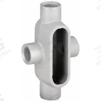 Conduit Outlet Body: Iron, 1/2 in Trade Size, X Body, 4 cu in Body Capacity, Threaded Hub (MPN X17). Key specifications — Finish: Powder Coated; Includes: Set Screw Hubs; For Use With: IMC; Brand: HUBBELL KILLARK; Hub Style: Threaded; Mfr. Series: Duraloy 7.