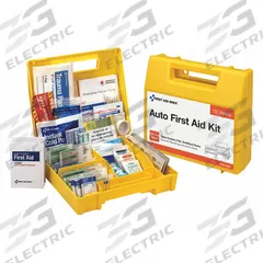 FIRST AID ONLY First Aid Kit and Housing: Vehicle, 25 People Served, 137 Components, Plastic (MPN FAO-340/LAB07). Key specifications — Adhesive Bandages Included: (3) Butterfly Wound Closures; Application: Vehicle; Brand: FIRST AID ONLY; Housing Color: Yellow; Housing Material: Plastic; Includes Oral or Inhalant Medication: Medication Included; Mountable: Wall Mount; Oral and Inhalant Medicinals Included: (4) Non-Aspirin Pain Relievers.