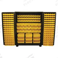 JAMCO Bin Cabinet: 60 in x 24 in 78 in, 0 Shelves, 230 Bins, Yellow, Flush, 14 ga Panel, Black, Bins (MPN DE260BL). Key specifications — Bin Color: Yellow; Bin HxWxD: (9) 7 in x 16-1/2 in x 14-3/4 in; Assembled: Assembled; Cabinet Style: Shelf and Bin; Brand: JAMCO; Cabinet Color: Black; Cabinet Finish: Powder Coated; Cabinet Material: Steel.