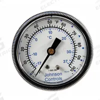 Pneumatic Temperature Indicator: 3 1/2 in Overall Dia, 0°F to 100°F, 3 psi to 15 psi (MPN T-5500-1052). Key specifications — Brand: JOHNSON CONTROLS; Indicator Accuracy: ±1/2% of Full Range.
