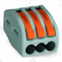 WAGO Lever Wire Connector: 3 Port, 28 AWG – 12 AWG Solid Wire Size Range, 20 A, 600 V, 222 Series (MPN 222-413). Key specifications — attr1307071: WAGO; attr1307104: Lever; attr1351713: 222.