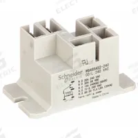 SCHNEIDER Enclosed Power Relay: Surface (Top Flange) Mounted, 240V AC, SPDT, 5 Pins/Terminals (MPN 9AS7A240). Key specifications — Brand: SCHNEIDER; Base Type: Square; Mounting Style: Panel Flange; Electrical Connection: Faston Terminal; Manufacturer Part Number: 9AS7A240; Operating Current: 80 A at 240V AC-8a (NO Locked Rotor); Series: 9A Power Series.