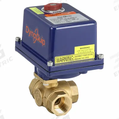 DYNAQUIP CONTROLS Electrically Actuated Three-Way Ball Valve: 1 in, Brass, 12V DC/24V AC/DC - L-Port Brass Electrically-Actuated Ball Valves