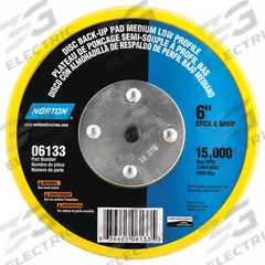 NORTON Low Profile PSA Disc Backup Pad: 6 in Dia x 1/2 in T, 5/16"-24 Threaded-Shank, Non-Vacuum (MPN 63642506133). Key specifications — Brand: NORTON; Tool Connection: 5/16"-24 Threaded-Shank.