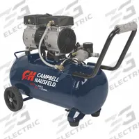 CAMPBELL HAUSFELD Portable Air Compressor: Quiet, Oil Free, 8 gal, Hot Dog, 1 hp, 2.4 cfm @ 90 psi (MPN DC080500). Key specifications — attr48686: Oil Free; attr48685: 120V AC; attr48678: 7.5 A; attr48688: Wheels; attr48671: CAMPBELL HAUSFELD; attr124308: Quiet (less than 75 dBA).