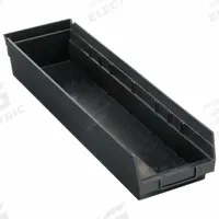 QUANTUM STORAGE SYSTEMS Shelf Bin: 23 5/8 in Overall Lg, 6 5/8 in x 4 in, Black, Nesting Capable (MPN QSB106CO). Key specifications — attr1179622: QUANTUM STORAGE SYSTEMS; attr1179611: 0%; attr1179616: QSB106CO; attr1179624: Dividers Not Included; attr1249172: Electrostatic Discharge Conductive.