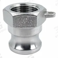 Cam and Groove Adapter: 3/4 in Coupling Size, 3/4 in-14 Thread Size, 1 17/32 in Overall Lg, FNPT (MPN PLE82). Key specifications — Thread Size: 3/4 in-14; Fitting Type: FNPT; Includes Locking Arm: No; Body Material: 316 Stainless Steel; Brand: APPROVED VENDOR.