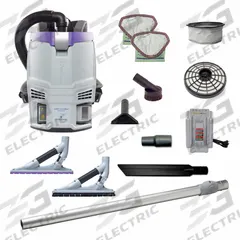 PROTEAM Backpack Vacuum: 65 cfm Air Flow, 12.8 lb Wt, 63 dB Sound Level, 3/4 gal Vacuum Capacity (MPN 107776). Key specifications — Brand: PROTEAM; Debris Collection Type: Bag; Includes Battery: Yes; Product Series: GoFit 3 Cordless 4Ah; Carpet & Hard Floor.