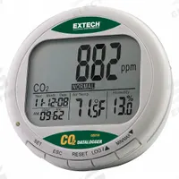 EXTECH Indoor Air Quality Meter: 0.1%to 99.9% Relative Humidity Measured, 14°F to 140°F, CO210, USB. Key specifications — Interface: USB; Parameters Measured: Temperature °C; Brand: EXTECH; Features: Maintenance Free NDIR Sensor; Includes: AC Adapter; Software Options: Software Included; Data Logger Type: Temperature.