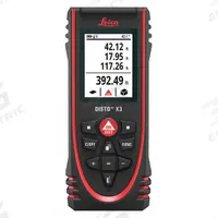 LEICA DISTO Laser Distance Meter: Distance Measurement, Inch/Metric, 0 m – 150 m, ± 1 mm, AAA, Red (MPN Disto X3). Key specifications — attr938983: Inches; attr938974: Distance Measurement; attr934751: LEICA DISTO; attr938968: ± 1 mm; attr938975: Strap; attr938977: Red.