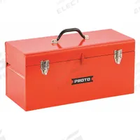PROTO Tool Box: 20 in W 8 1/2 in D 9 1/2 in H, Steel, Red, Hinged Lid, Padlock, 2 Compartments (MPN J9975R). Key specifications — attr1116905: Red; attr1116917: Hinged; attr1116946: PROTO; attr1116904: Padlock.
