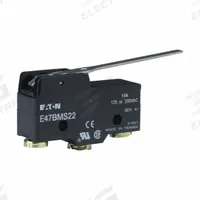 EATON Snap Action Switch: Lever Actuator, SPDT, Screw Terminals (MPN E47BMS22). Key specifications — AC Contact Rating: 15 A @ 250 V; Electrical Connection: Screw Terminals; Series: E47; Brand: EATON.