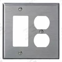 LEVITON Wall Plate: Duplex Outlet, 2 Gang, Midsize Size (MPN SJ826-40). Key specifications — Brand: LEVITON; Material: Stainless Steel.