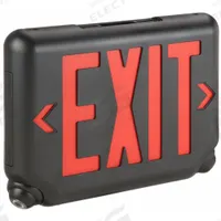 Exit Sign with Emergency Lights: Black, 1 or 2 Faces, Red, LED, Ceiling/Wall, Lithium Iron Phosphate (MPN EVCURBD). Key specifications — Voltage: 120/277V AC; Self Diagnostics: No; Housing Color: Black; Brand: DUAL-LITE; Directional Indicators: Universal Field Selectable Chevrons; Lighting Technology: LED; Remote Capable: No; Text Color: Red.