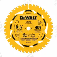 DEWALT Circular Saw Blade: 8 1/4 in Blade Dia., 40 Teeth, 0.09 in Cut Wd, 5/8 in Arbor Size, Carbide (MPN DWA281440). Key specifications — attr1116119: DEWALT; attr1145631: Wood.