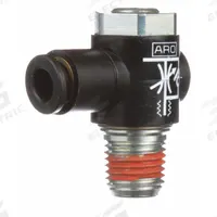 ARO Cylinder Port Flow Control Valve: Elbow Fitting, Screwdriver Slot/Thumb Screw, 1/4 in Tube (MPN 119309-250). Key specifications — attr947203: Stainless Steel; attr947205: ARO.