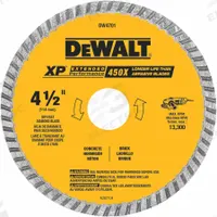 DEWALT Diamond Saw Blade: Masonry, 4 1/2 in Blade Dia., 7/8 in Arbor Size, Wet/Dry, Better, Turbo (MPN DW4701). Key specifications — attr1097734: Wet/Dry; attr1097738: Angle Grinder; attr1097751: DEWALT.