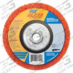 NORTON Non-Woven Depressed Center Disc: 4 1/2 in x 5/8"-11, Ceramic, Extra Coarse, Blaze Rapid Strip (MPN 66254498101). Key specifications — Series: Blaze Rapid Strip; Brand: NORTON.