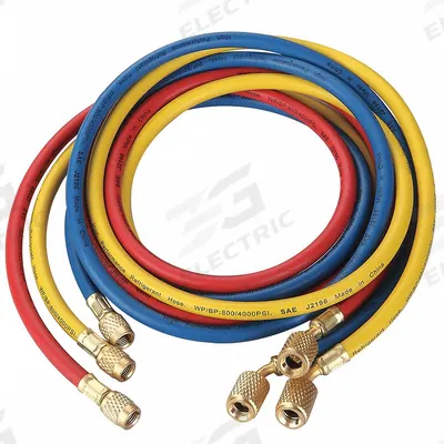 Dayton Hose Set: 6 ft Lg, 30° Angle, Blue/Red/Yellow, Rubber, 3 Hoses - Charging Hose Sets