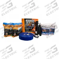 QUICK DAM Flood Pump Kit: (2) 10 ft Flood Barriers/(4) 10 ft Water Dams/Crate/Hose/Pump (MPN QDPK3). Key specifications — Container Color: Yellow; Container Type: Crate; Fluids Absorbed: Water; Fluids Absorbed - Pads: Water; Includes: Pump; Product Type: Emergency Response Flood Pump Kit; Brand: QUICK DAM.