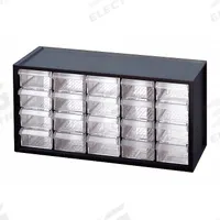 WESTWARD Drawer Bin Cabinet: 14 3/4 in x 6 in x 7 1/4 in, 20 Drawers, Stackable, Polystyrene, Black (MPN 31TT93). Key specifications — attr66719: Polystyrene; attr66728: Yes; attr66722: Clear; attr66720: Drawer; attr66714: Assembled; attr66726: (20) 1-1/2 in x 2-1/2 in x 5-3/4 in; attr66716: Black; attr66753: Polystyrene.