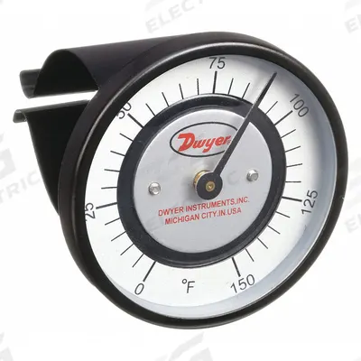 Dwyer Clip Pipe Mount Dial Thermometer: 0°F to 150°F, +/- 2% Accuracy - Clip-On Pipe Surface Temperature Dial Thermometers