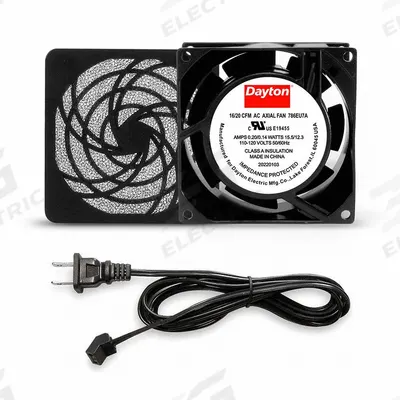 Dayton Axial Fan: 16 cfm_20 cfm Airflow @ 0.000 in SP, 3 1/8 in Ht, 1 in Dp, Terminals - Standard Square Axial Fan Kits