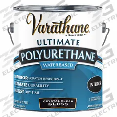 VARATHANE Finish: Finish, Interior, Water, 1 gal Container Size, Wood, Gloss, Crystal Clear, Clear (MPN 200031). Key specifications — Brand: VARATHANE; Transparency: Clear; Use Location: Interior; Sheen: Gloss; Sub-Brand: Ultimate; Color: Crystal Clear.